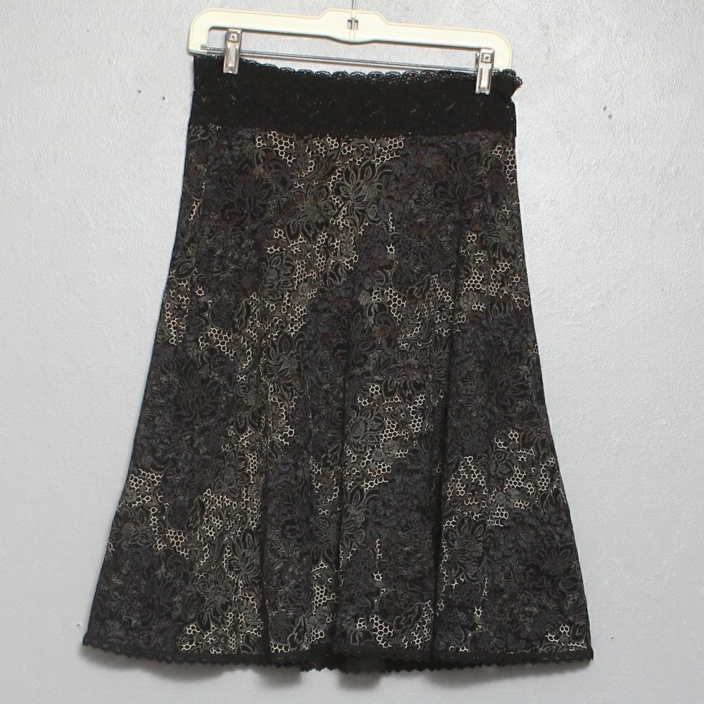 Cabi black lace nude beige lined a line midi skirt